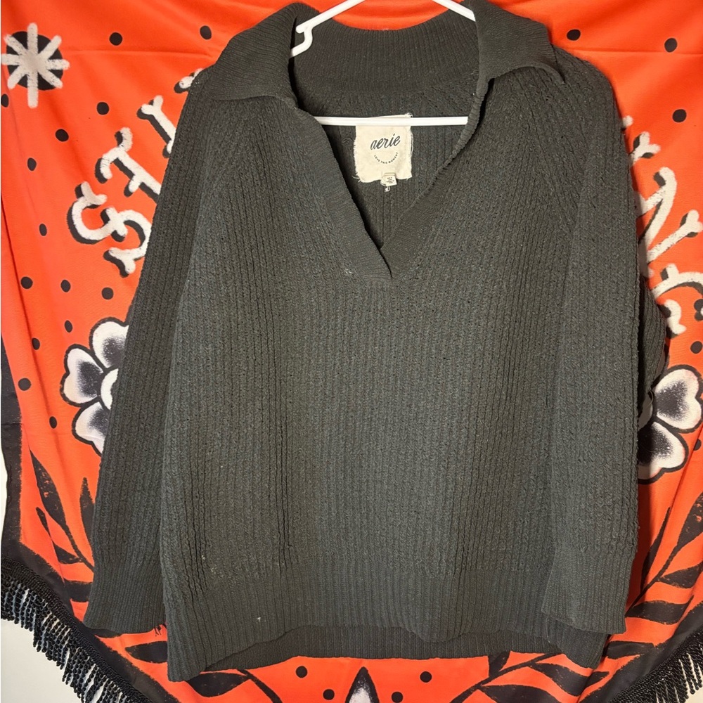 Aerie Dark Gray V-Neck Sweater